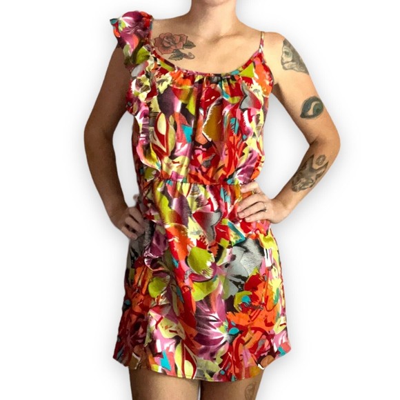 Envy Me Tropical Dress Ruffled on One Shoulder Sleeveless Size L Large Floral - Picture 4 of 12